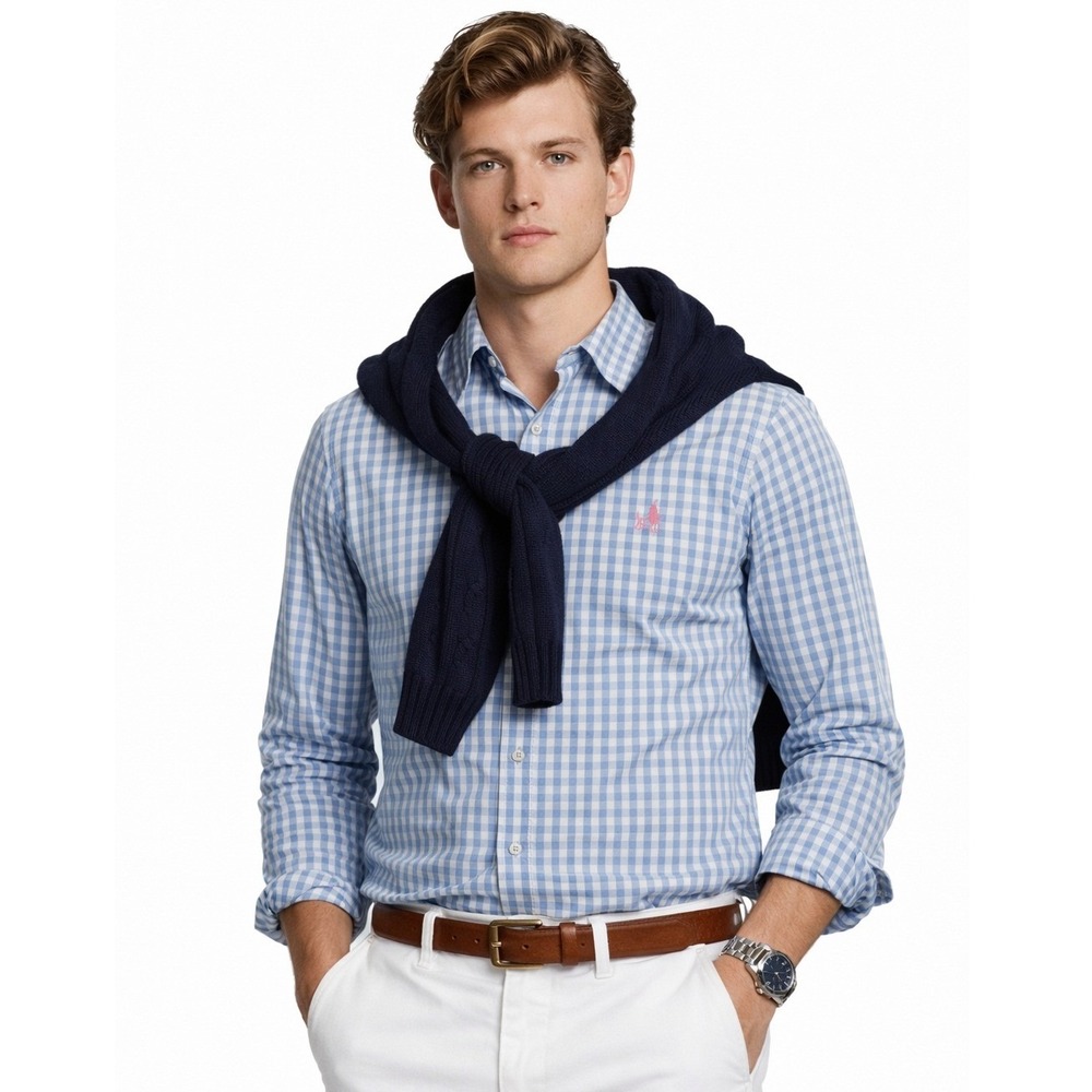 La‎ Martina Gingham Button Down Shirt Mens M Blue White Long Sleeve